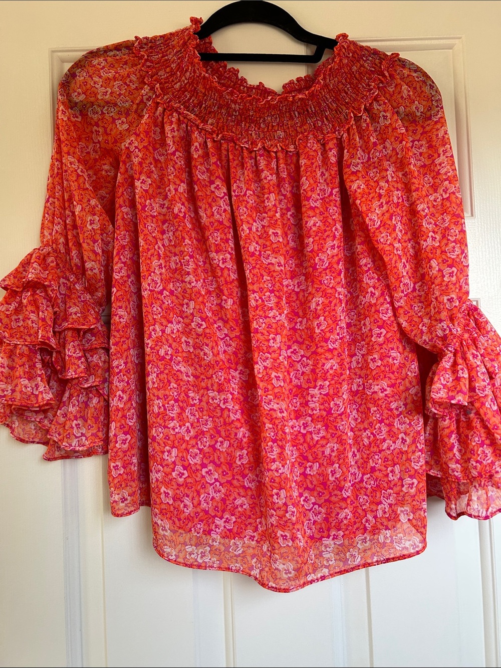 XS Smocked Neck / Off Shoilder Floral Peasant Blouse - Pink & Coral